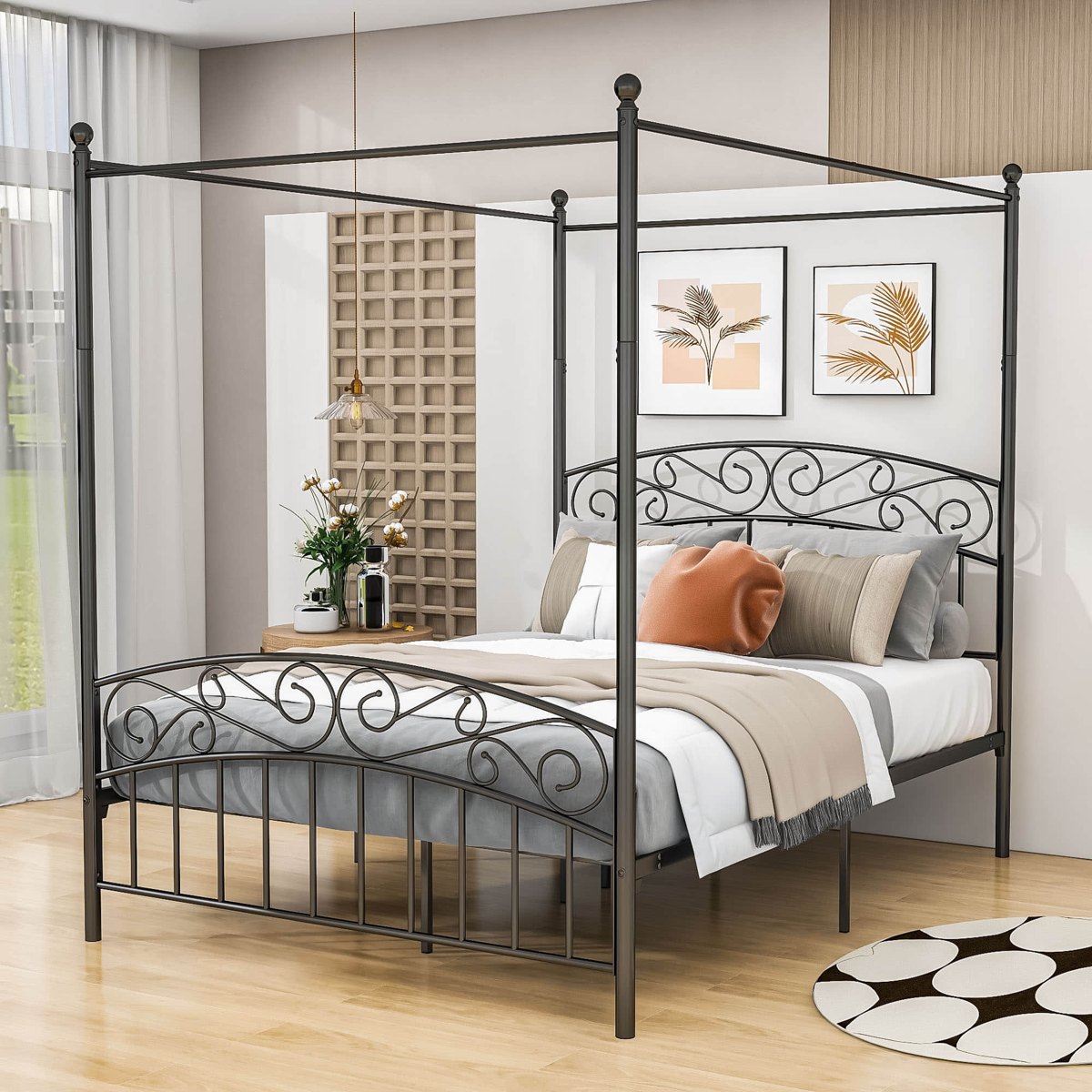 CozyBeds metal canopy bed styled in a bedroom