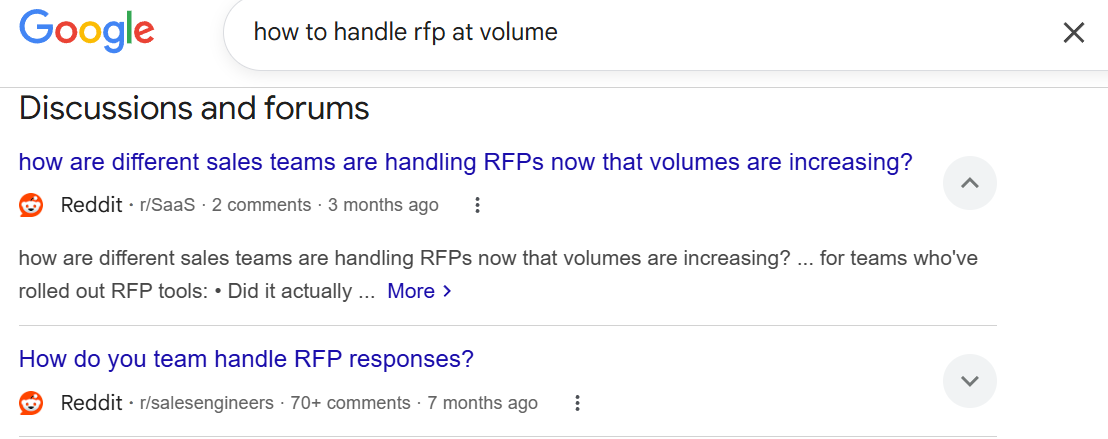 Google discussions and forums results showing Reddit threads ranking for a category query